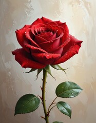 A single red rose with dew drops. Generative AI