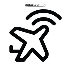 A simplified black and white vector illustration depicting an airplane with wireless signal waves above it