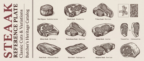 Premium engraved collection showcasing classic cuts and variations for the home butcher enthusiast in a vintage style