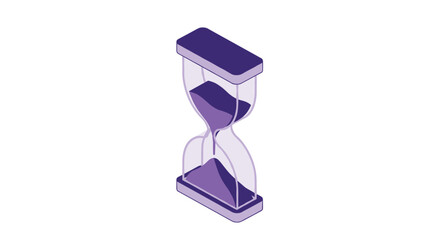 Isometric purple hourglass with sand flowing from the top to the bottom bulb representing time passing and deadlines.