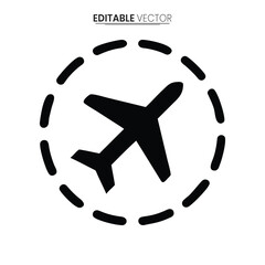 A simple black silhouette of an airplane inside a dashed circular frame depicted as a vector graphic