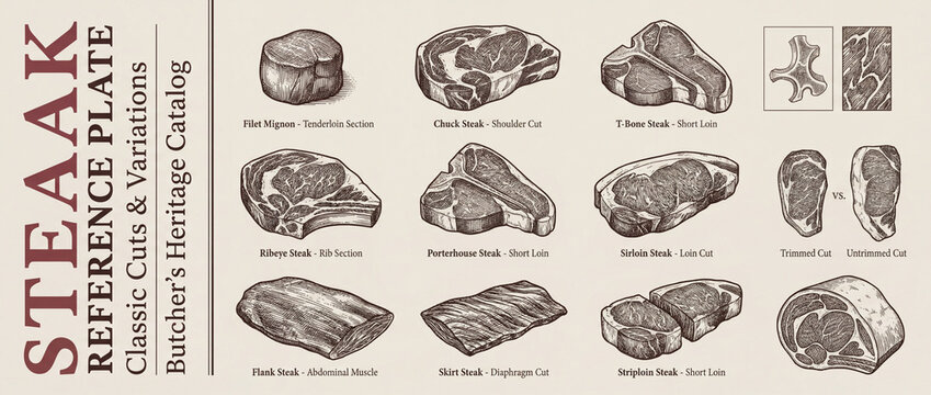 Premium engraved collection showcasing classic cuts and variations for the home butcher enthusiast in a vintage style