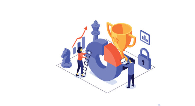 Business people analyzing a pie chart next to a trophy and chess pieces representing strategy success and achievement.