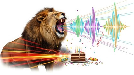 Roaring Lion Illustration with Colorful Sound Wave Equalizer and Birthday Cake Celebration isolated PNG with Transparent Background