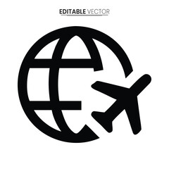 A black vector illustration displaying a globe with flight paths and a departing airplane icon