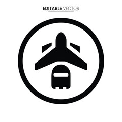 Simple black and white vector illustration of an airplane and a ship inside a circle