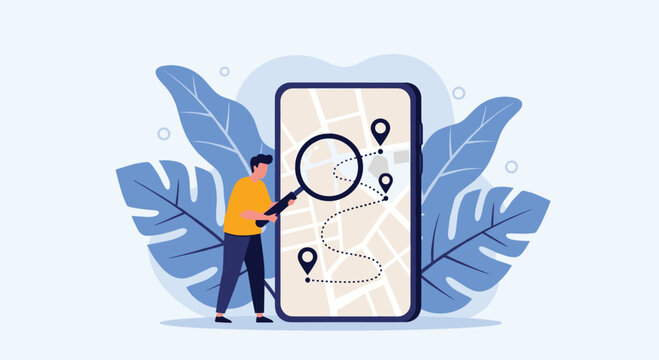 Man using a magnifying glass to search for a location and plan a route on a large smartphone map with pinpoints.