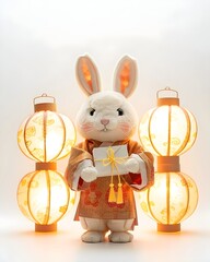 Lunar New Year Rabbit with Gift, isolated on transparent background