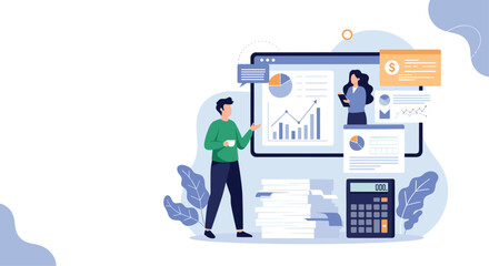 Accountants working on financial analysis and data visualization using a large screen dashboard and a calculator.