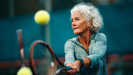 Senior woman with curly hair, focused on tennis swing, capturing the moment of impact as the ball approaches, showcasing athleticism and determination, camera follows action