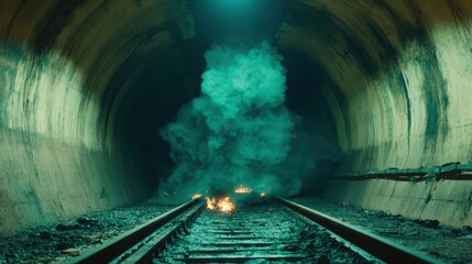 Dense teal smoke and intense flames rise from a collapsed section of an underground train tunnel with tracks visible
