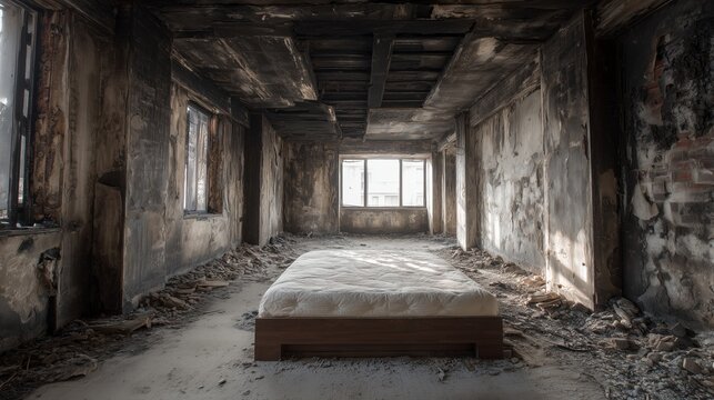 Abandoned burnt room with bed mattress in center. Fire-damaged apartment interior with soot walls, debris on floor, broken ceiling, daylight through window, disaster aftermath.