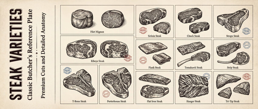 Explore the art of premium cuts and engraved steak varieties showcasing classic butcher's collection