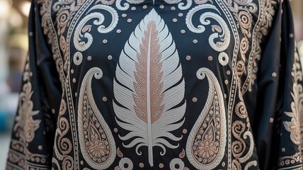 Detailed View of a Black Silk Garment Featuring a Large Blush Feather Motif and Ornate Paisley Damask Scrollwork