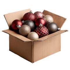 Cardboard box full of Christmas ornaments