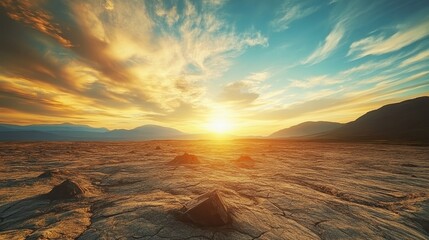 Golden sunset illuminating a vast desert landscape with scattered rocks under a dramatic sky