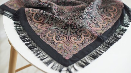 Detailed View of a Black Silk Shawl Featuring Ornate Mauve and Grey Paisley Patterns with Hand-Knotted Tassel Fringe