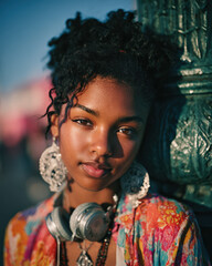 Black History Month portrait of Black teenager leaning with headphones in city