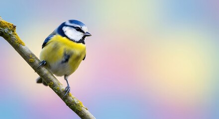 Fototapeta premium Blue Tit Bird Perched On A Frosted Branch With A Soft Pastel Background