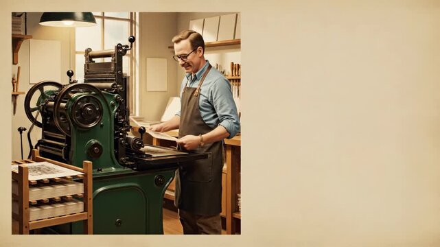Caucasian man letterpress printer working in retro printshop creating printed matter for hobby and old fashioned printing process