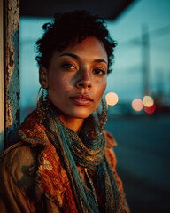 Black History Month portrait of Black woman standing beneath streetlight at dusk