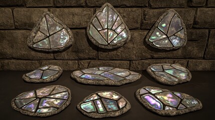 Polished abalone shell fragments arranged in mosaic patterns on a textured brick background