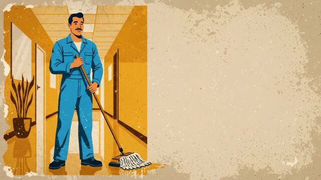 Man janitor mopping floor in hallway, retro cleaning profession service and hygiene concept illustration