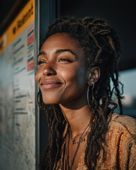 Black woman waiting at bus stop during Black History Month