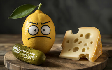 A grumpy lemon stands next to a pickle and a slice of cheese on a cutting board