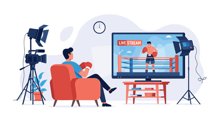 A man wearing boxing gloves sits in an armchair and watches a live stream of a boxing match on a large TV screen. This flat vector illustration depicts online sports streaming and home entertainment.