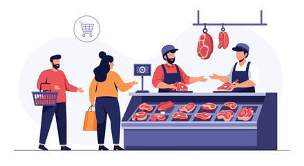 Customers shopping for fresh meat at a butcher shop with two butchers serving them from behind a display counter. The flat vector illustration depicts a local market and grocery shopping experience.