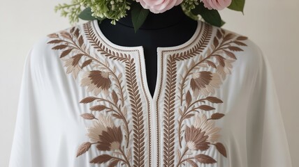 Detailed View of a White Silk Tunic Featuring Intricate Earth-Toned Floral and Vine Embroidery with a Split V-Neckline