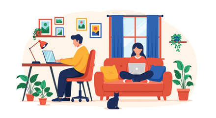 A couple working or studying from the comfort of their cozy and stylish home with the man at a desk and the woman on the sofa. This flat vector illustration depicts a modern remote work lifestyle.
