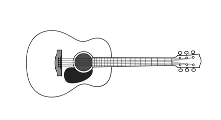 A simple black and white line art illustration of an acoustic guitar isolated on a white background. This clean and minimalist graphic represents music musical instruments and acoustic performance.