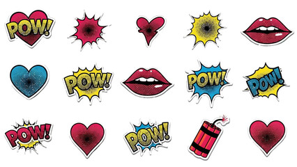 Pop art comic stickers with boom text hearts lips and dynamite on transparent background