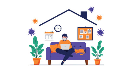A man wearing a face mask works on his laptop from the sofa at home during a pandemic with virus icons floating outside. This flat illustration represents quarantine and remote work for safety.