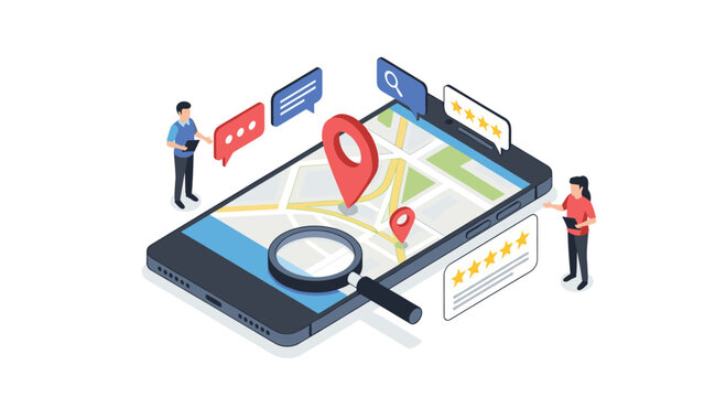 An isometric illustration of people using a smartphone with a map to find a location and read online reviews. The image represents local search GPS navigation and online reputation management.