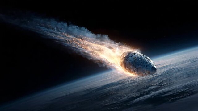 Space capsule reentering Earth atmosphere with blazing fire trail in orbit