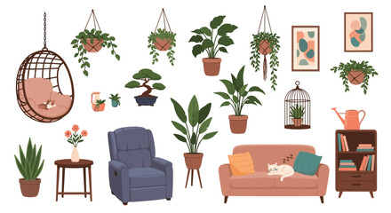 Collection of cozy living room furniture and decor elements including a sofa armchair plants and a sleeping cat for interior design.