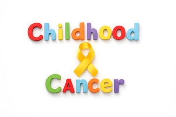 Childhood Cancer Awareness: Colorful Letters Spell Support with Yellow Ribbon on White Background