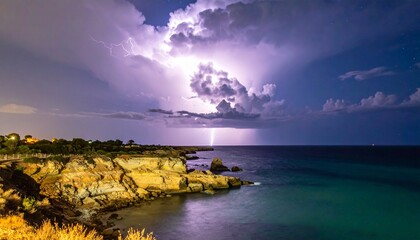 isolated coastline under night thunderstorm, negative space composition