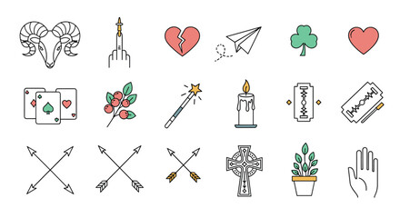 Collection of colorful minimalist tattoo style icons including hearts arrows playing cards a magic wand and a Celtic cross.