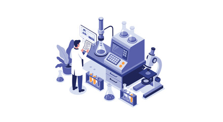 Male scientist in a white lab coat working with advanced scientific equipment and a microscope in a modern research laboratory.