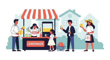Children selling fresh lemonade at a neighborhood stand to smiling customers who are paying with large gold coins.