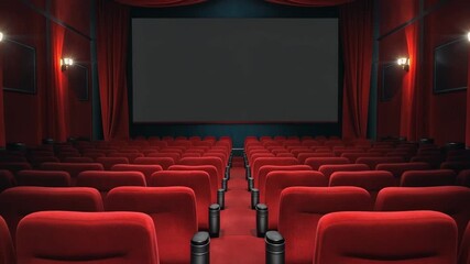 Classic Movie Theater Interior with Red Seats, Large Screen, and Dim Lighting Creating Cinematic Ambiance