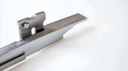 Precision measuring tool, a shiny metal caliper, sits on a crisp white surface. The instrument is designed for accurate measurements and lies against a bright, clean backdrop.