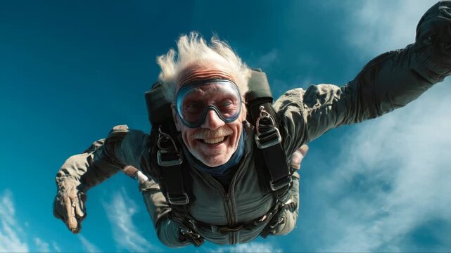 Elderly man in skydiving gear joyfully free-falling through the clouds, showcasing excitement and thrill, with camera following his descent in a dynamic motion