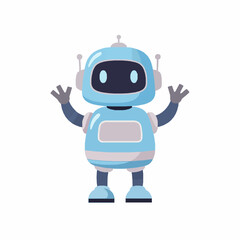 Obraz premium Cute cartoon robot vector mascot with friendly smile and raised arms