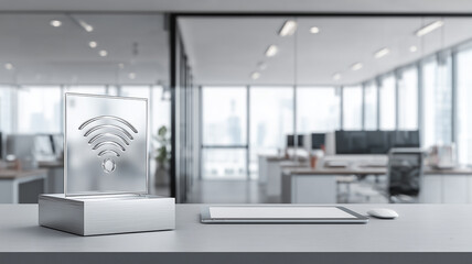 A metallic wifi icon displayed in a modern office environment representing wireless connectivity and the broader concept of digital communication infrastructure.