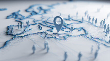 A geographic map with human figures and a location marker symbolizing global connectivity and population distribution networks.
